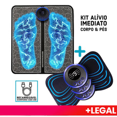 Kit Massageador Alivia Dores Muscular Corpo Cervical Pescoço Lombar + Tapete Massageador de Pés Elétrico Portátil Recarregável EMS